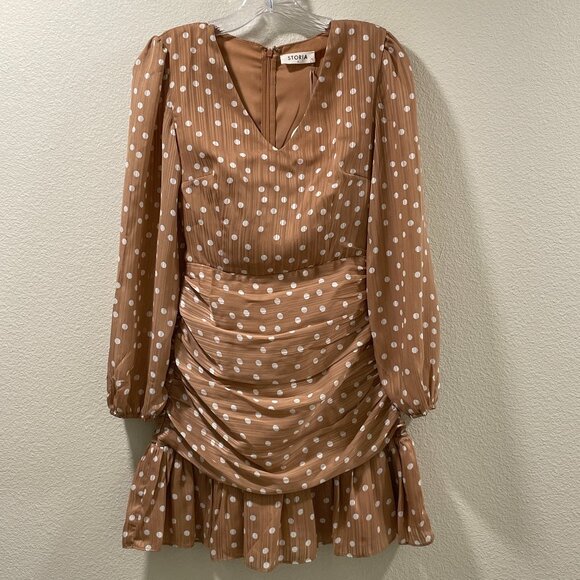(NWT) STORIA Long Sleeve Polka Dot Mini Dress V-Neck Ruched, Tan/White - S - Picture 1 of 11